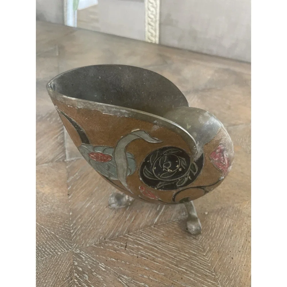 Vtg Antique Brass & Enamel Floral Cloisonné Nautilus Shell‎ Vase Urn 6